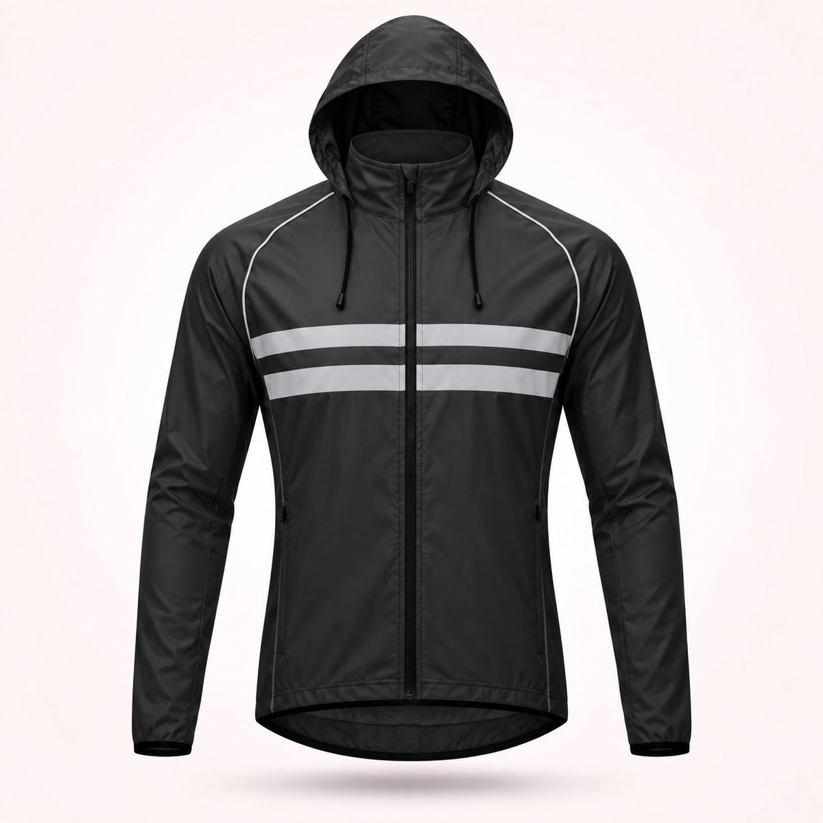 Black hooded version of the jacket with drawcords, two reflective chest stripes and zipped side pockets. 17