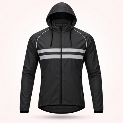 Black hooded version of the jacket with drawcords, two reflective chest stripes and zipped side pockets. 17