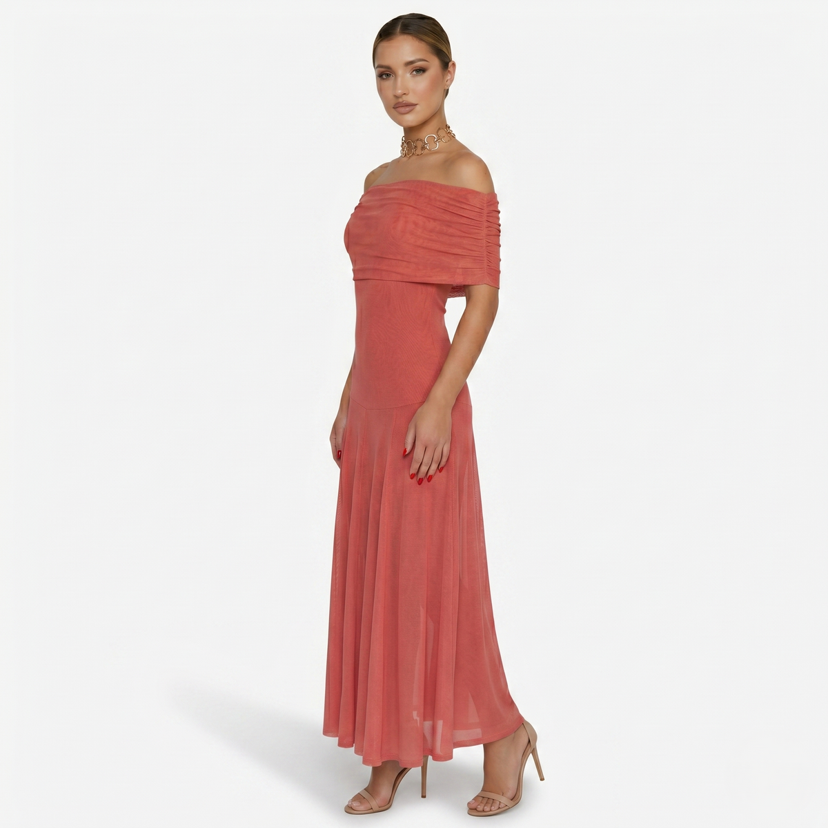 Maxi Dress Women's One Shoulder Mesh Ruched Bodice