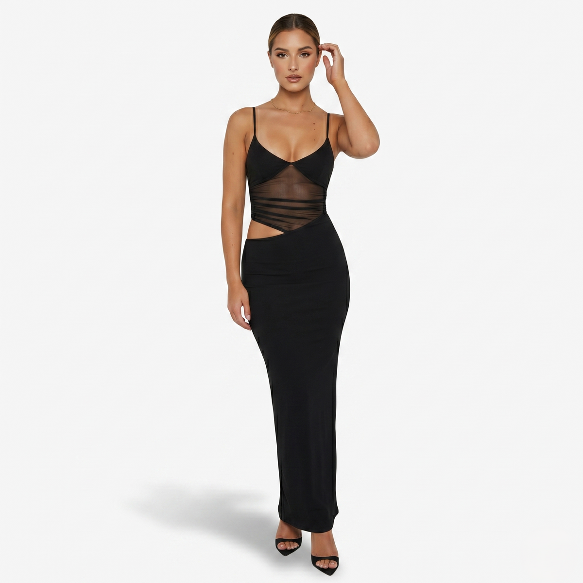 Maxi Dress Women's Spaghetti Strap Mesh Panel Cut Out Bodycon