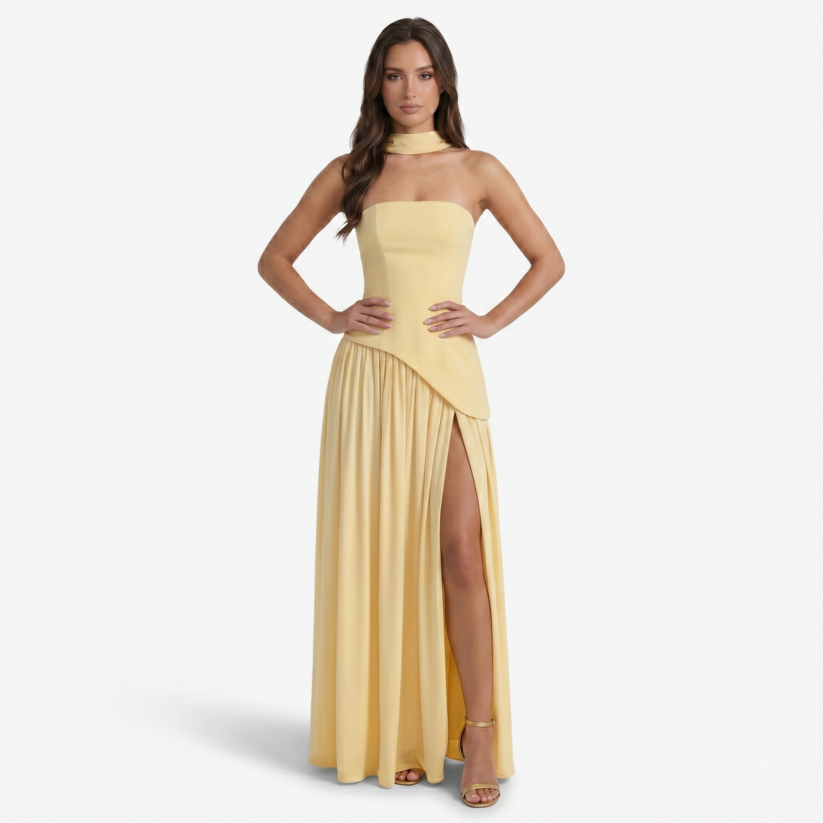 Maxi Dress Women's Strapless Corset Bodice Pleated Skirt Side Slit