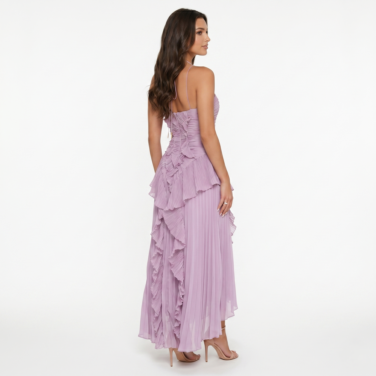 Maxi Dress Women’s Halter Neck Pleated Ruffle Sleeveless Back Tie