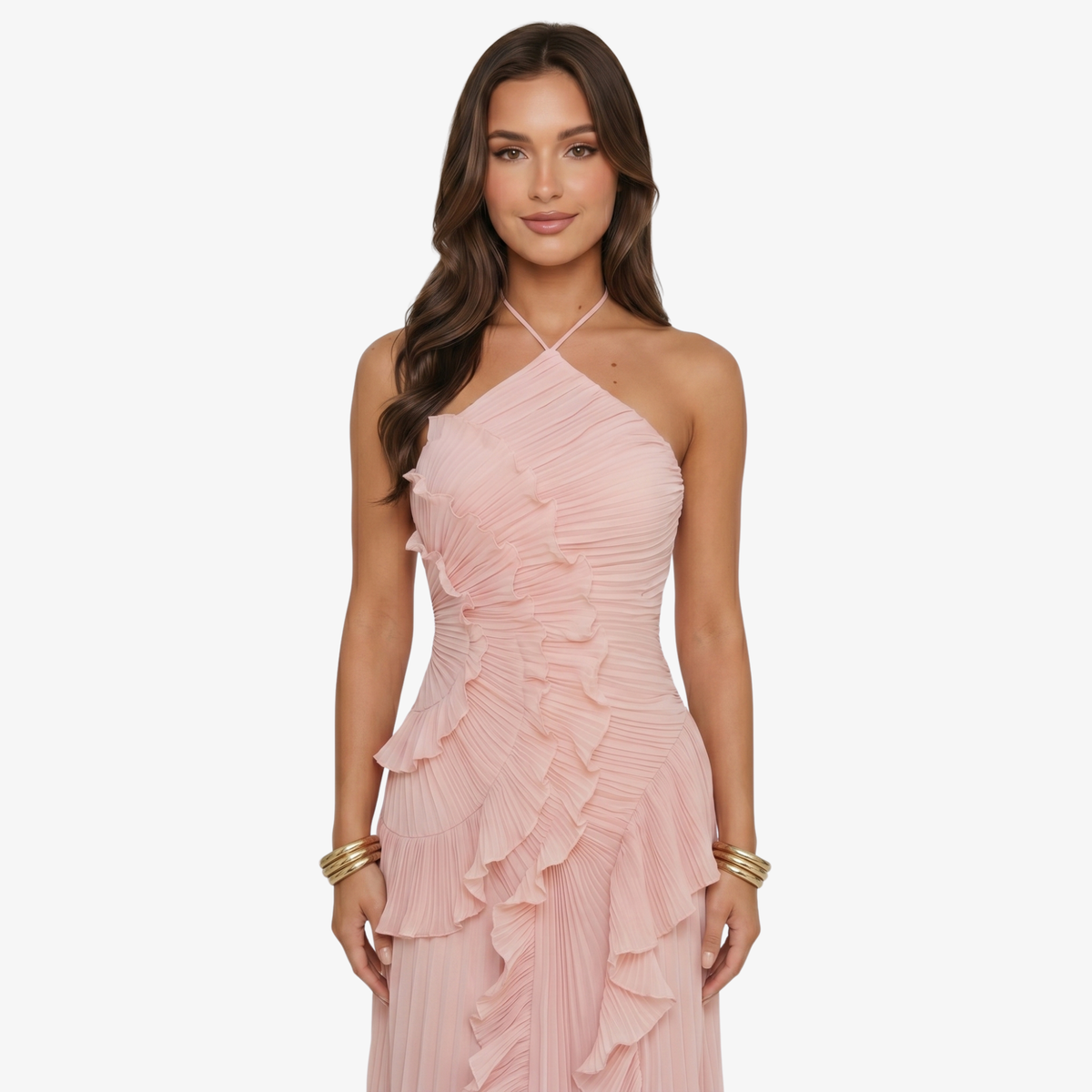 Maxi Dress Women’s Halter Neck Pleated Ruffle Sleeveless Back Tie