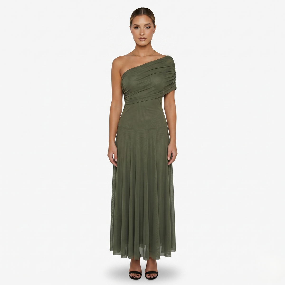 Maxi Dress Women's One Shoulder Mesh Ruched Bodice