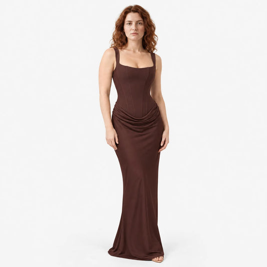 Maxi Dress with Structured Corset Bodice and Square Neckline