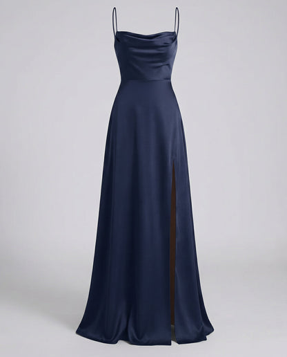 Maxi dress in navy satin with a draped cowl neckline, spaghetti straps and a high side slit, front view. 6