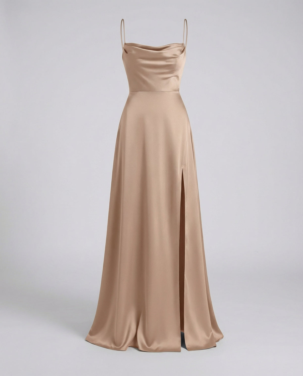 Maxi dress in champagne beige satin with a draped cowl neck, thin straps and a high side slit, front view. 9