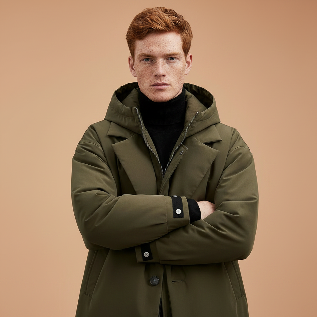 Close-up of a model with folded arms in the olive green hooded coat, showing buttoned cuff tabs and a black roll-neck. 4