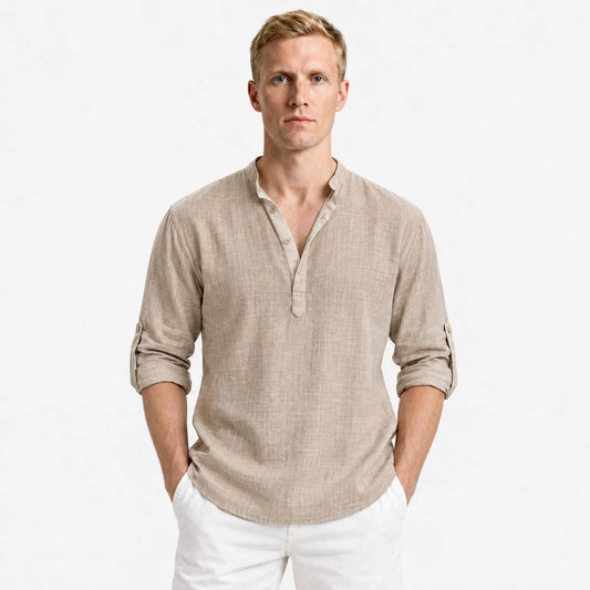 Men's Linen Henley Shirt, Relaxed Fit Button Neck Summer Top