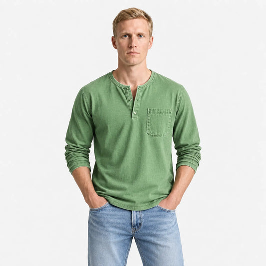Men's Long Sleeve Henley Shirt with Button Placket and Chest Pocket