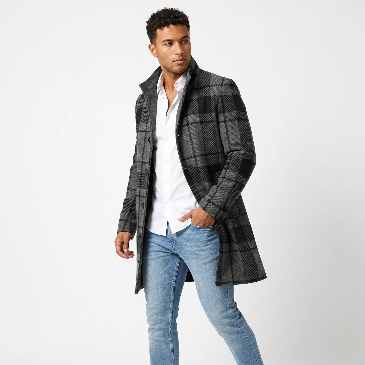 Men's wool coat with check pattern and clean silhouette – Elias