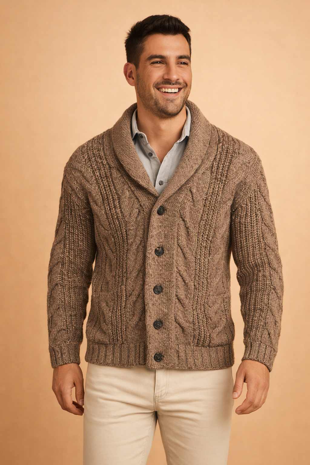 Close three-quarter view of brown marl cardigan, buttoned over a light blue shirt, showing chunky cable texture 3