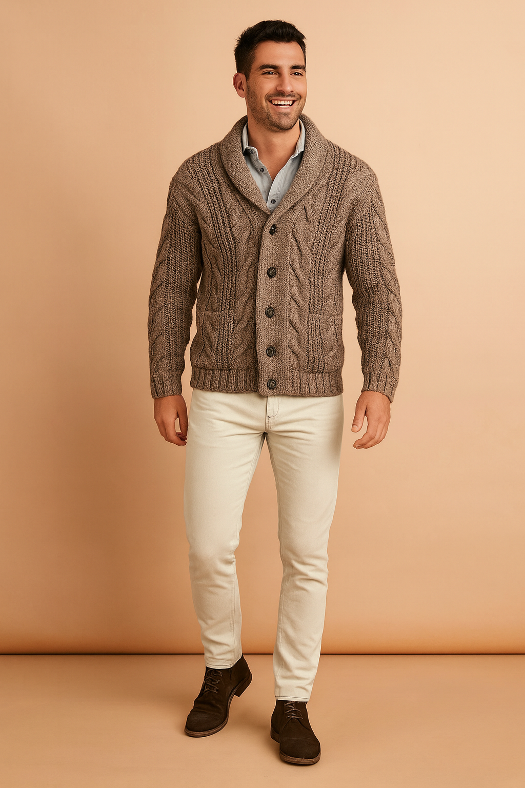 Full-length view of brown cardigan worn with cream jeans and dark suede boots 4