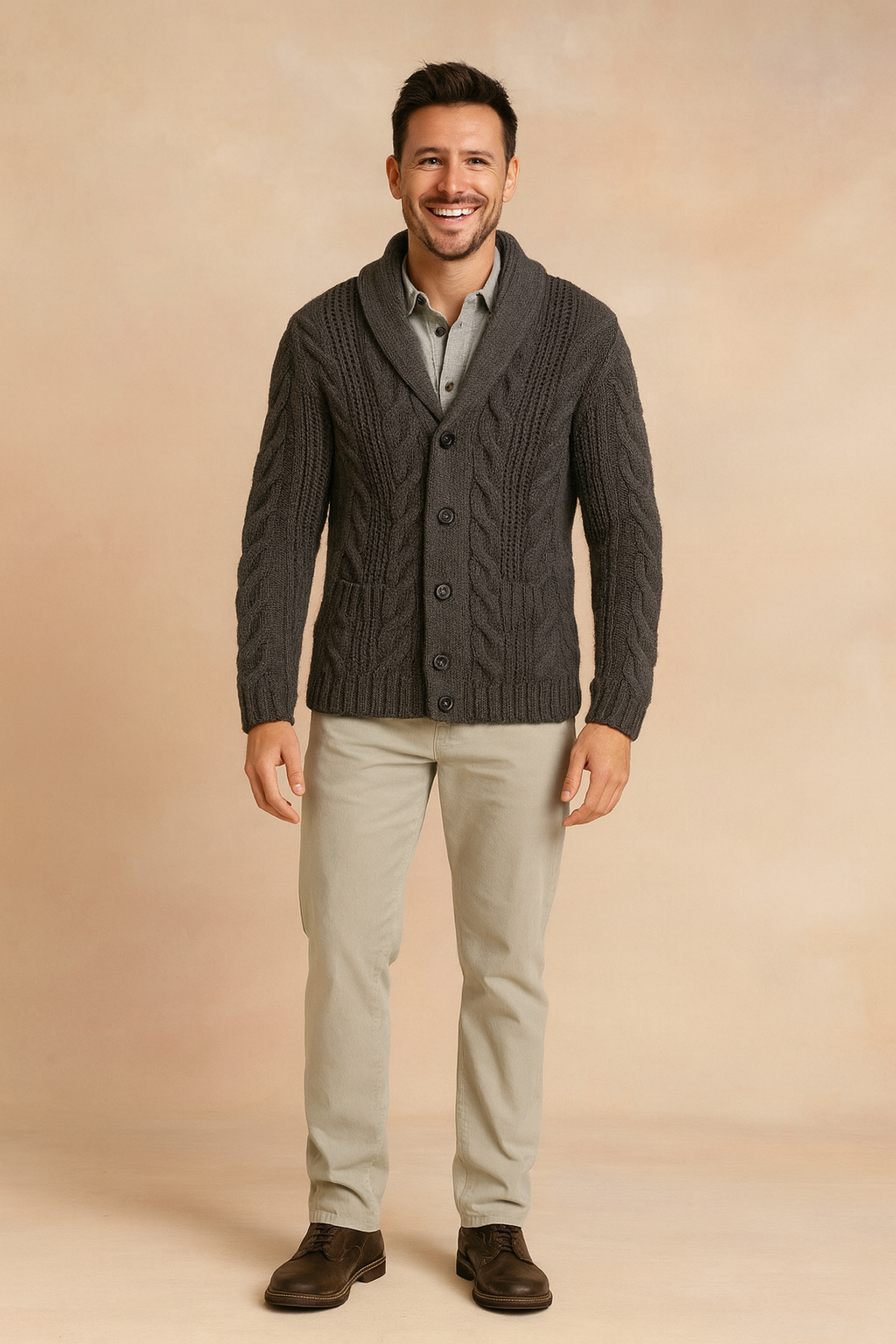 Full-length view of charcoal cardigan, buttoned up, with light trousers and brown leather shoes 6
