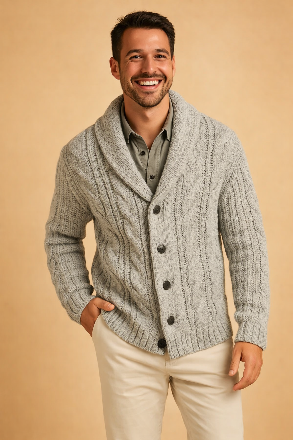 Light grey cardigan with thick ribbed cables and shawl collar, worn with one hand in pocket 7