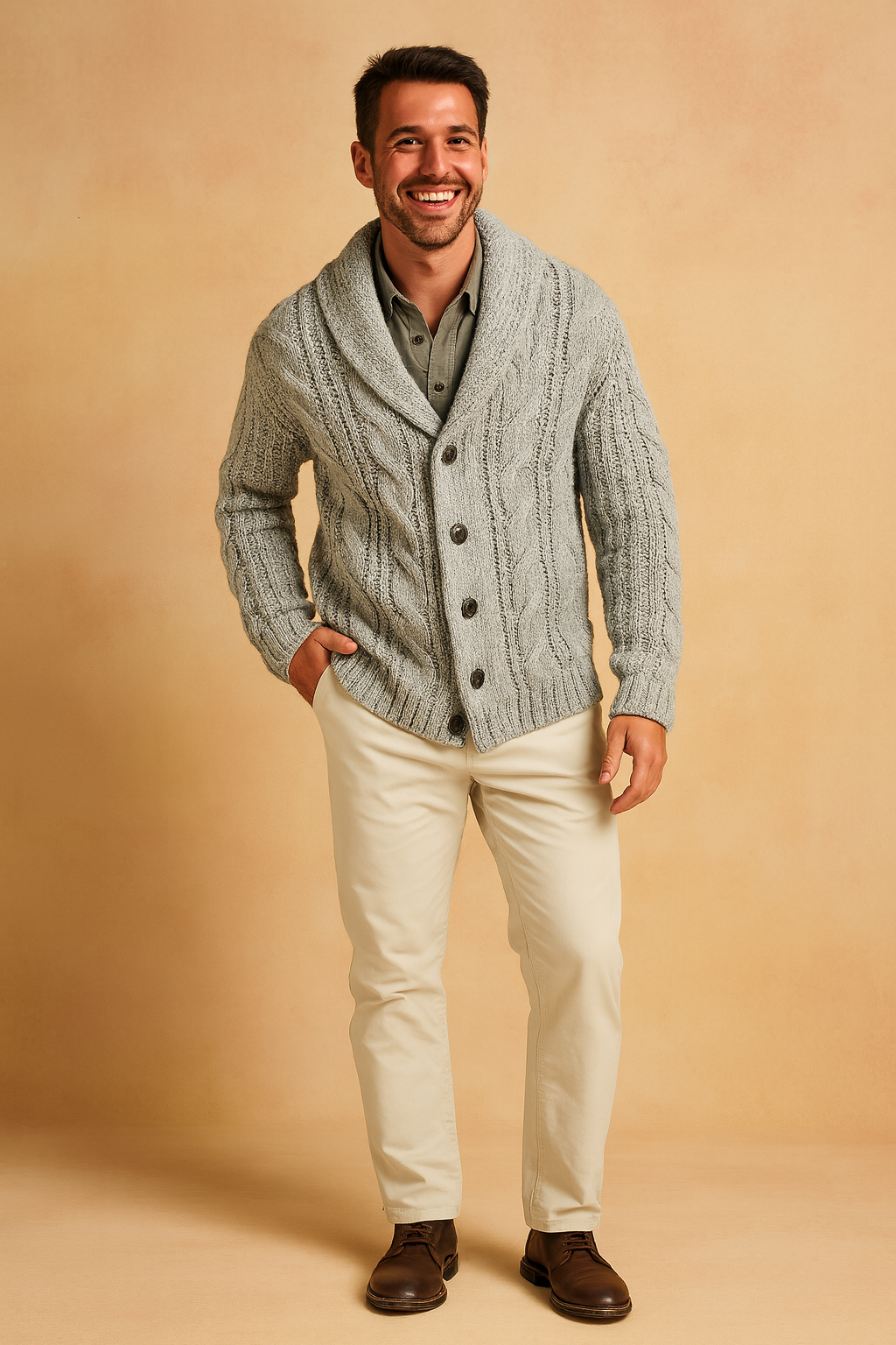 Full-length view of light grey cardigan worn with cream chinos and brown lace-up boots 8