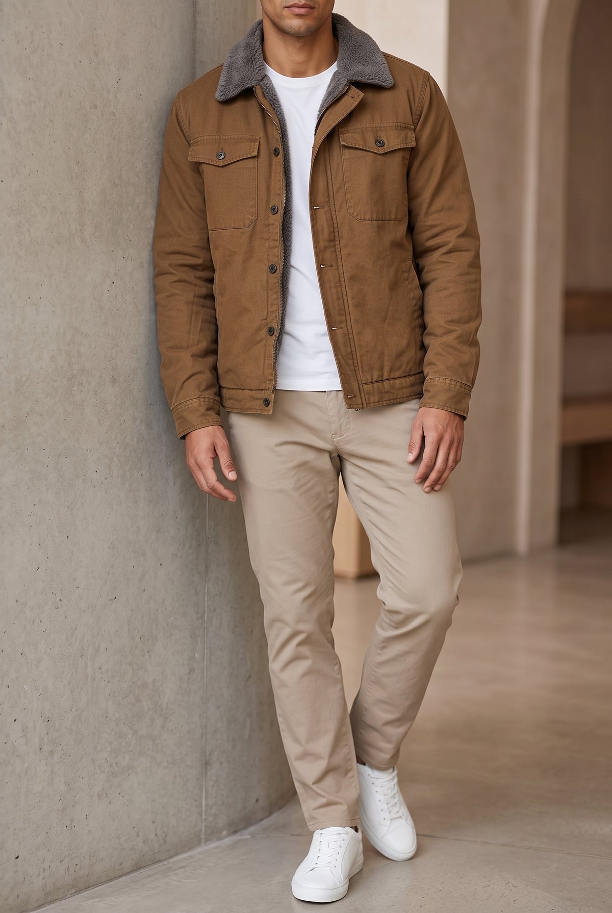 Man leaning against a concrete wall wearing the tan jacket over a white tee and beige trousers 2