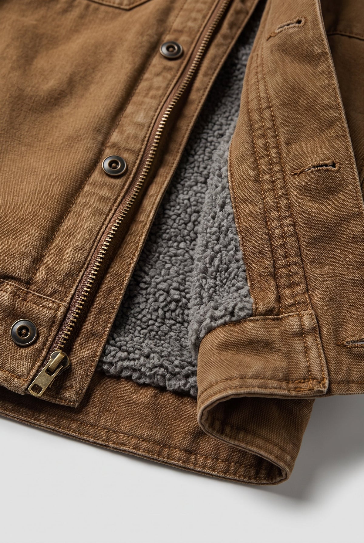 Close-up of the zip, metal snap buttons and grey fleece lining on the tan jacket 4