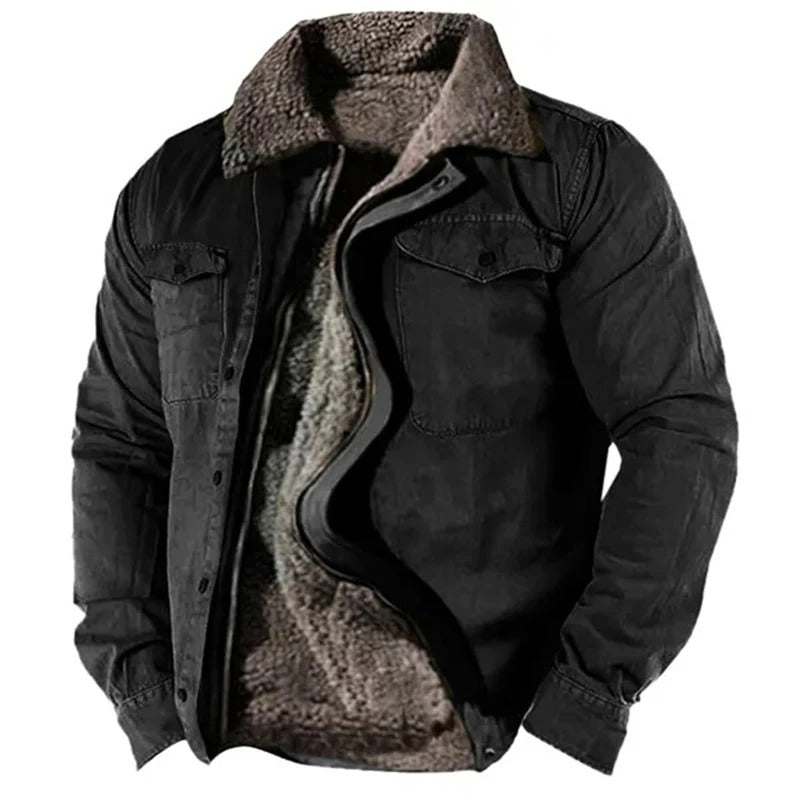 Black version of the jacket, partly unzipped to show the brownish fleece lining and collar 5