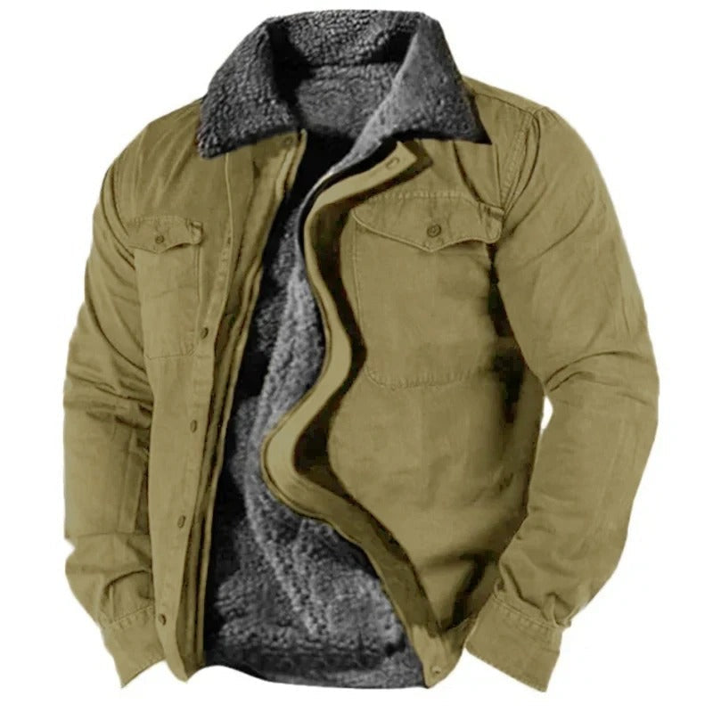 Khaki-green version of the jacket, partly unzipped to show the grey fleece lining and collar 7