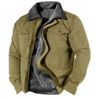 Khaki-green version of the jacket, partly unzipped to show the grey fleece lining and collar 7