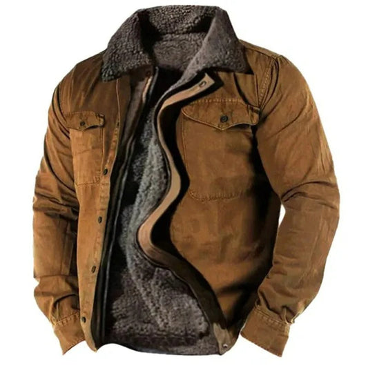 Tan-brown jacket with chest pockets, half unzipped to show the grey fleece lining and collar 1