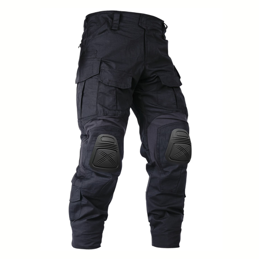 Black ripstop cargo trousers shown from the front at an angle, with flap pockets and hard knee pads 1