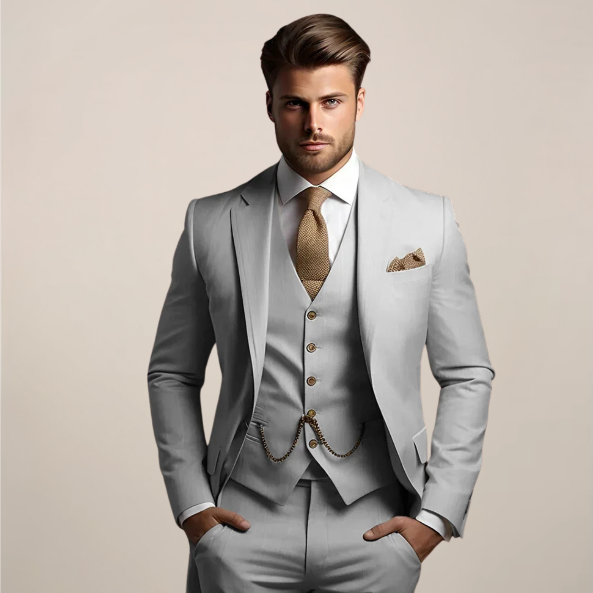 Model with hands in pockets wears the light grey version of the three-piece suit, with a knitted tie and matching pocket square. 2