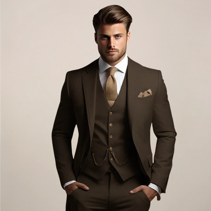 Model with hands in pockets wears the dark brown version of the three-piece suit, with a knitted tie and pocket square. 3