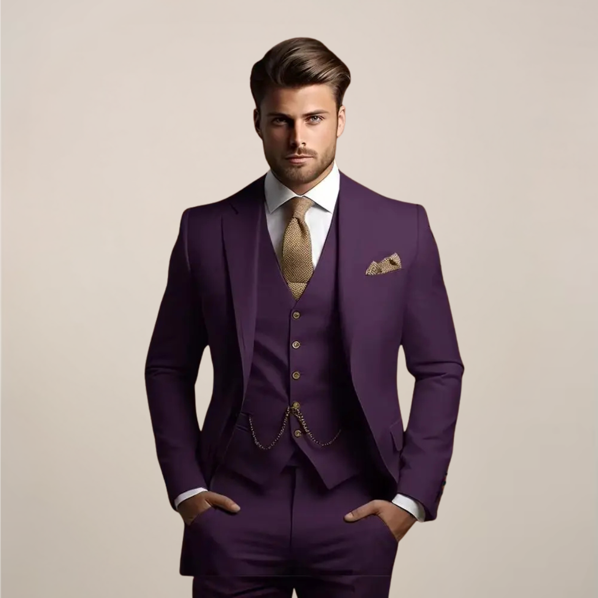 Model with hands in pockets wears the deep purple version of the three-piece suit, with a knitted tie and pocket square. 5