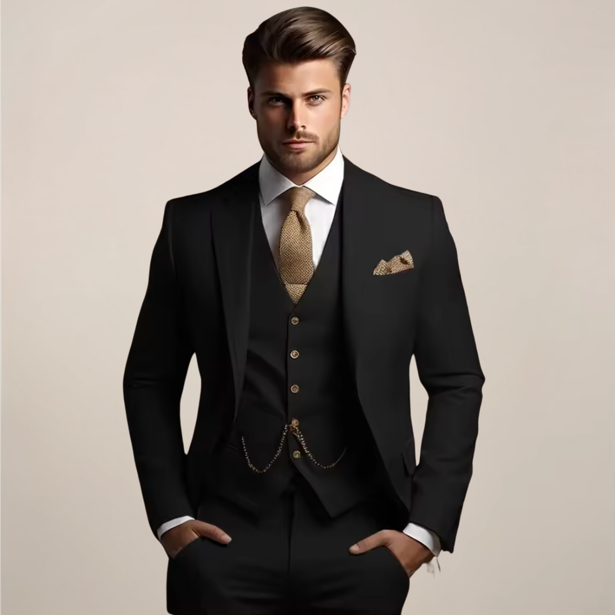 Model with hands in pockets wears the black version of the three-piece suit, with a knitted tie, pocket square and waistcoat chain. 6