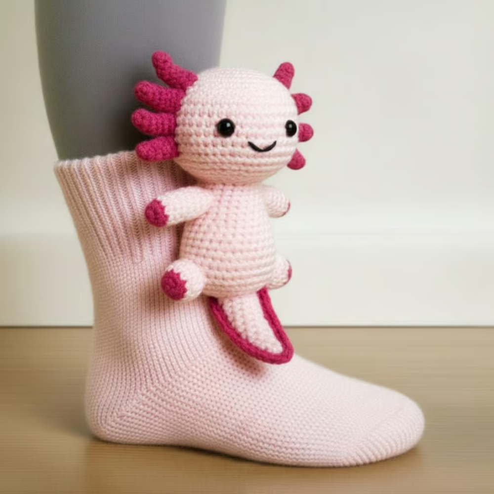 Pale pink sock with a crocheted axolotl figure with deep pink gills and tail 10
