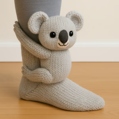 Light grey knitted sock with a koala figure clinging to the ankle with both arms 11