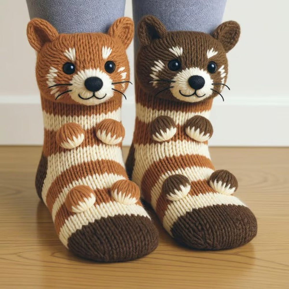 Pair of striped socks in orange-brown and cream, with animal faces at the ankles and toes 12