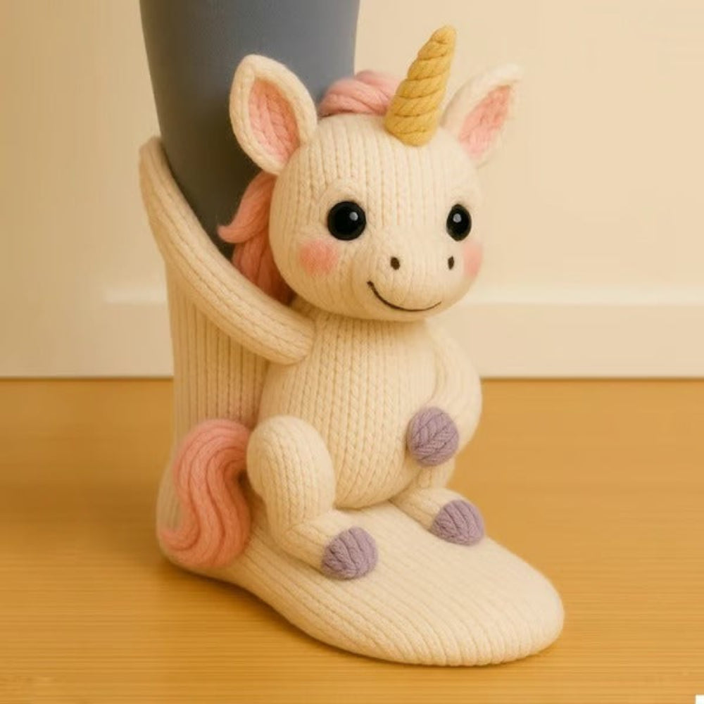 Cream sock with a unicorn figure with pink mane, golden horn and lilac hooves sitting on the ankle 13