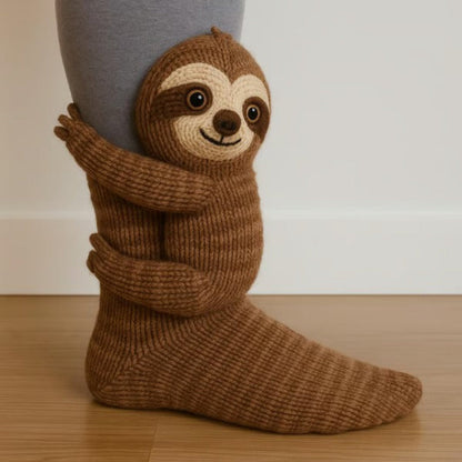 Brown knitted sock with a sloth figure whose arms hug the ankle, worn on a wooden floor 2