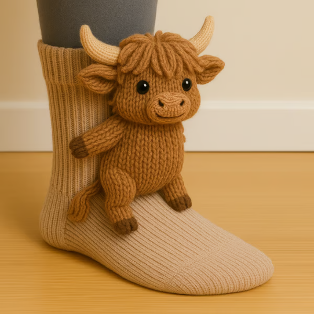Cream ribbed sock with a small knitted shaggy-haired highland cow figure sitting on the ankle 4
