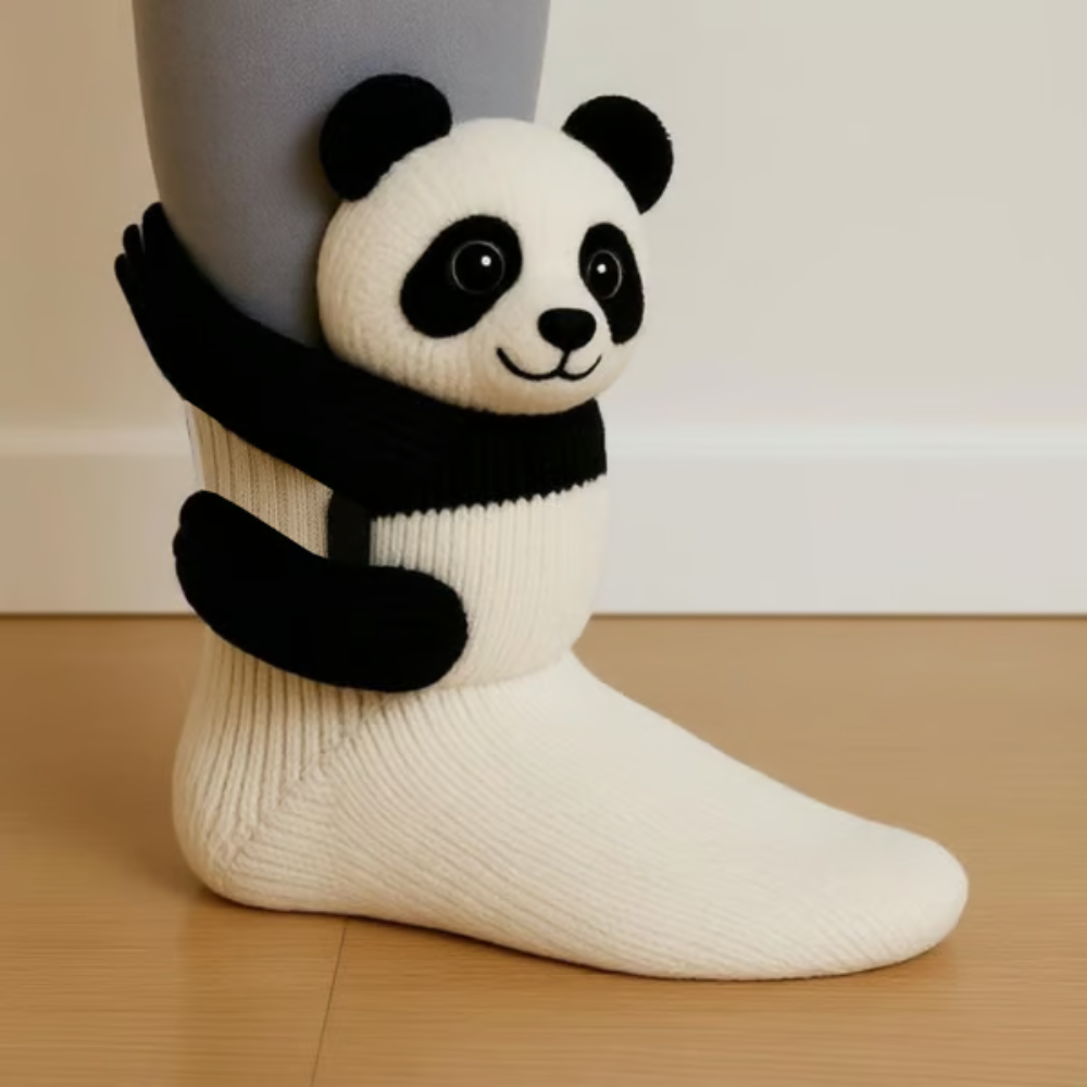 Cream sock with a black and white knitted panda whose black arms wrap around the ankle 6