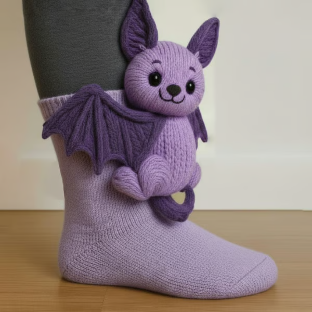 Lilac sock with a purple knitted bat figure with spread wings, worn with dark leggings 8