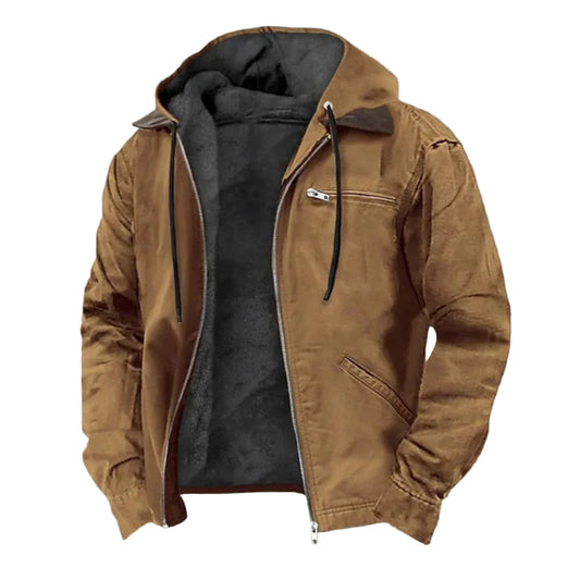 Tan zip-up hooded jacket with dark fleece lining, brown collar tips, drawstrings and zipped chest pocket, shown unzipped on white. 1