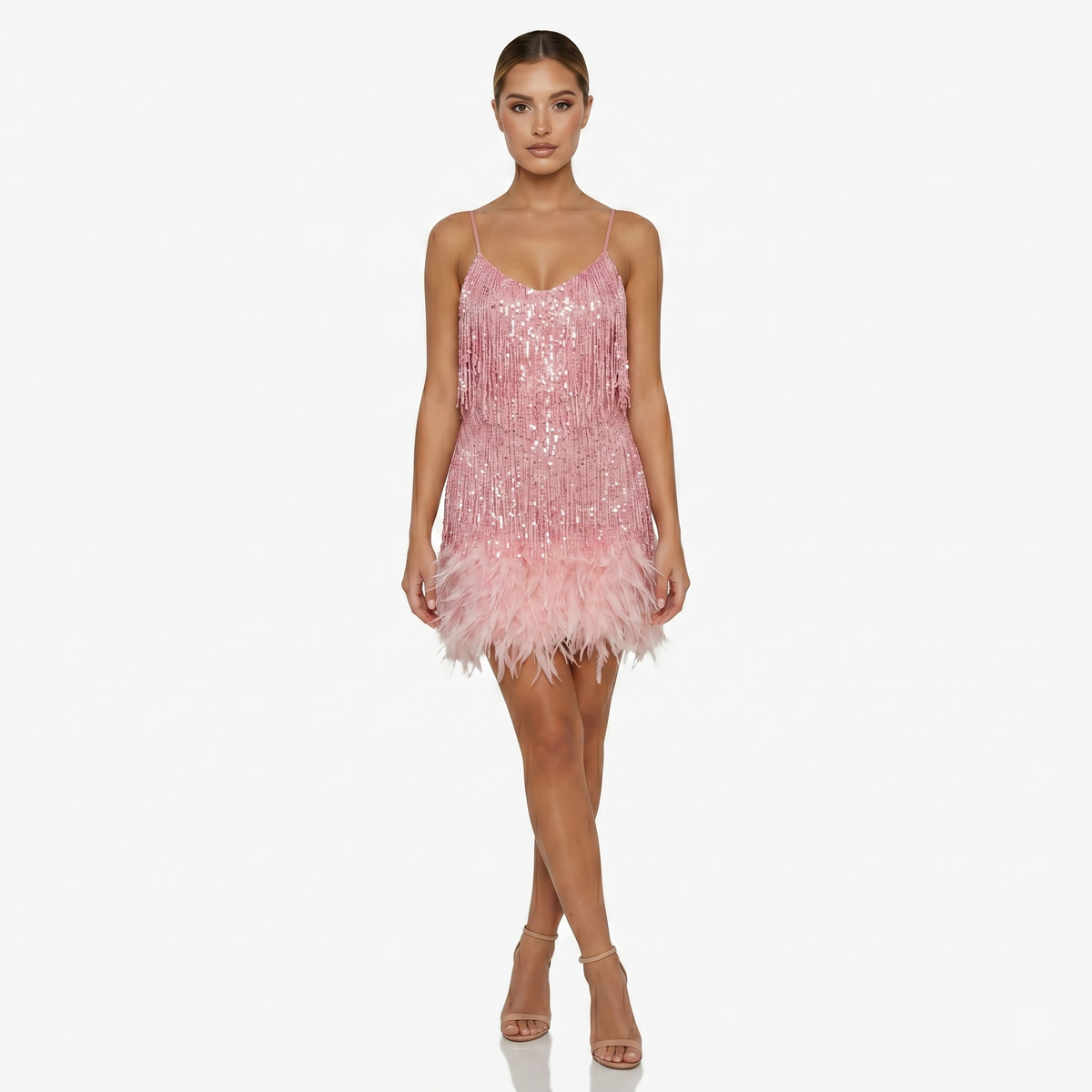 Mini Dress Women’s Sequin Fringe Feather Hem
