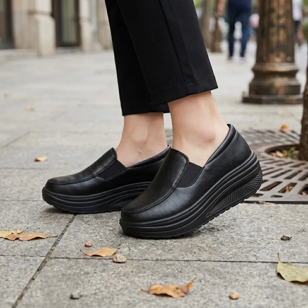 Black slip-on shoes worn by a woman in dark trousers on a paved street 2