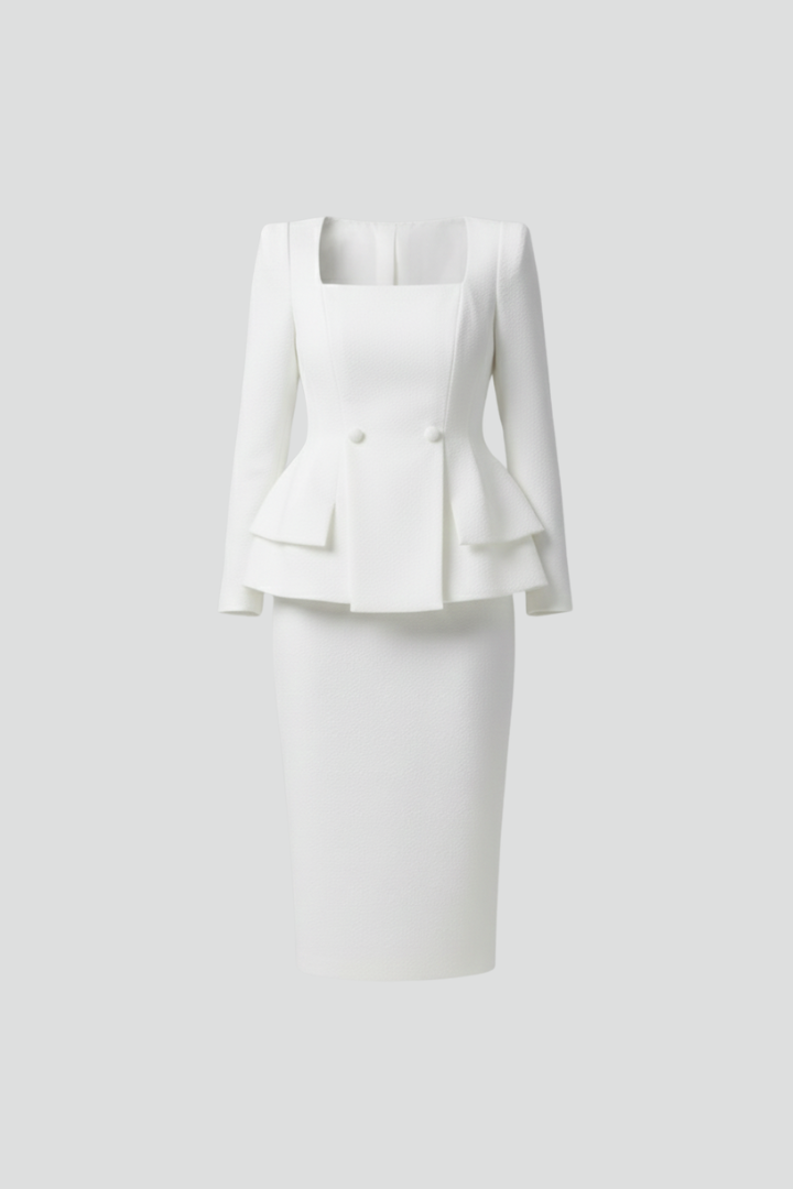 White two-piece set laid out on a plain pale background without a model, showing the square neckline, two buttons and layered peplum. 3