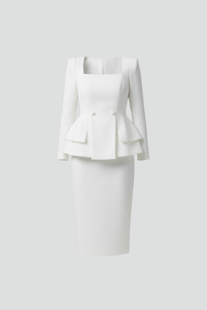 White two-piece set laid out on a plain pale background without a model, showing the square neckline, two buttons and layered peplum. 3