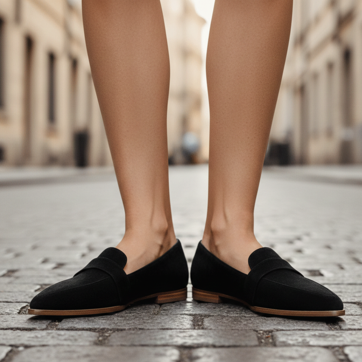 Front view of black suede-look pointed-toe loafers with a wide strap and low tan heel, worn on bare legs on cobbles. 2