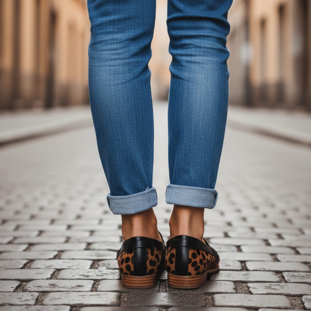 Back view of leopard-print loafers with black heel counters and stacked low heels, worn with cuffed blue jeans on cobbles. 4