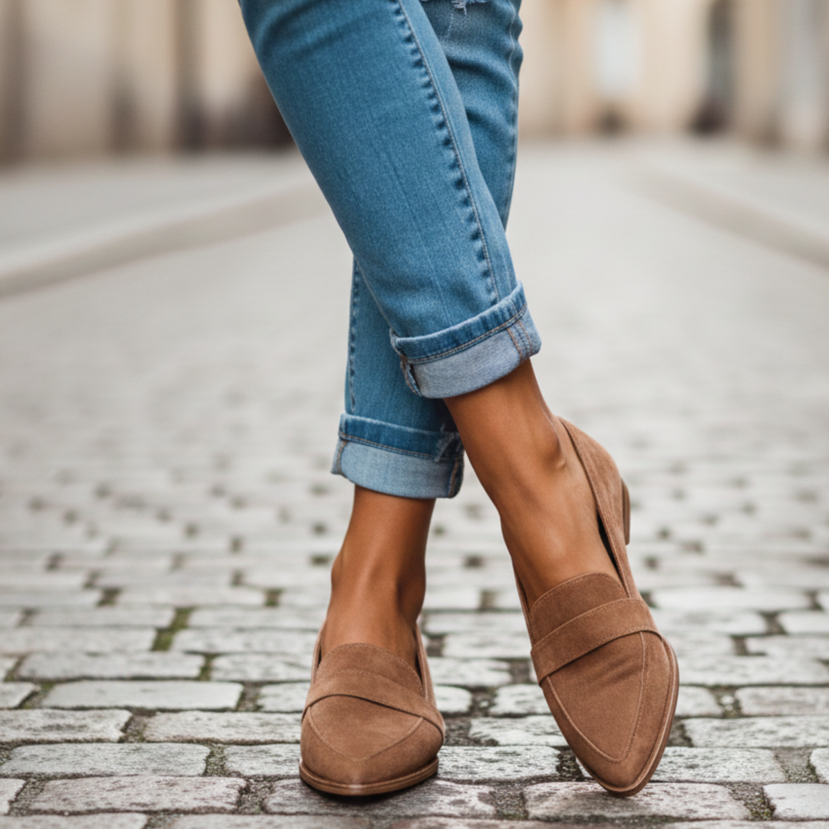 Tan suede-look pointed-toe loafers with strap detail, worn with cuffed blue jeans and legs crossed on a cobbled street. 5