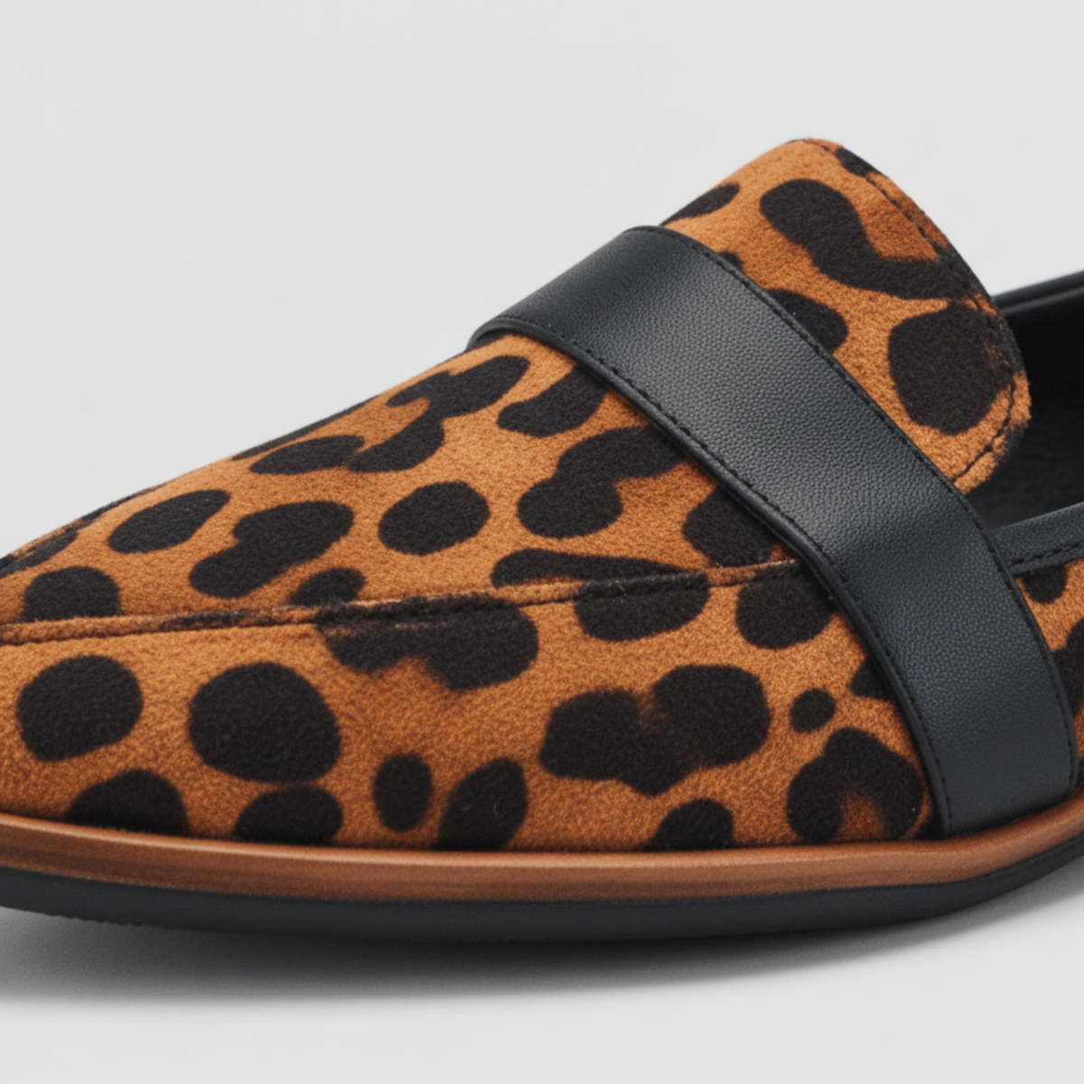 Close-up of a leopard-print loafer toe with black leather strap, visible stitching and tan edge, on a plain pale background. 6