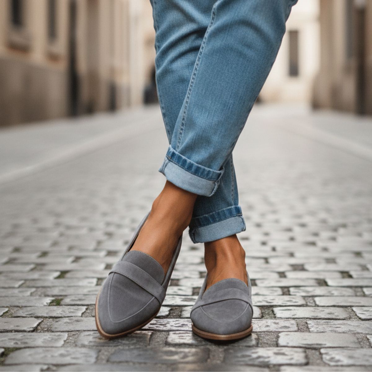 Grey suede-look pointed-toe loafers with a stitched strap, worn with cuffed light-wash jeans and legs crossed on a cobbled street. 1