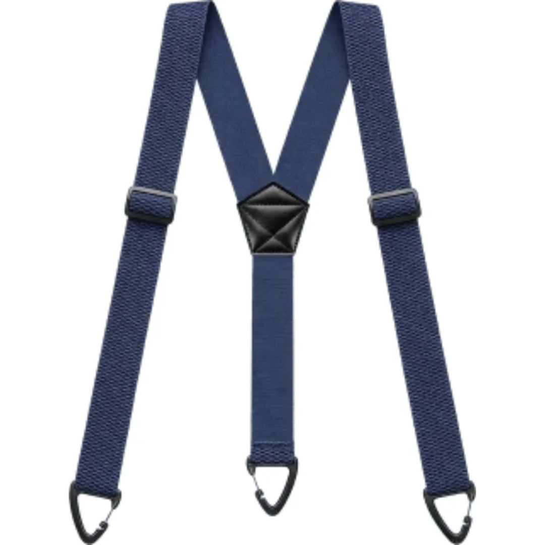 Navy blue Y-back braces laid flat, with three black clips and a black centre patch 6